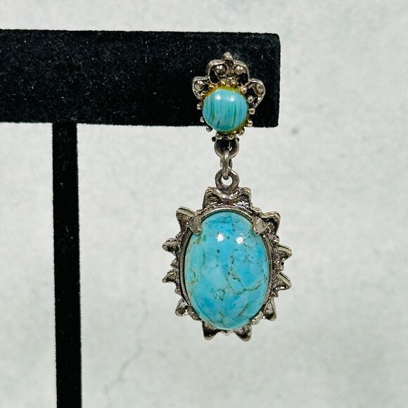 Womens Earrings Blue Stone Cabochon Silver Tone 1.75" Western Clip On Jewelry - Picture 3 of 11